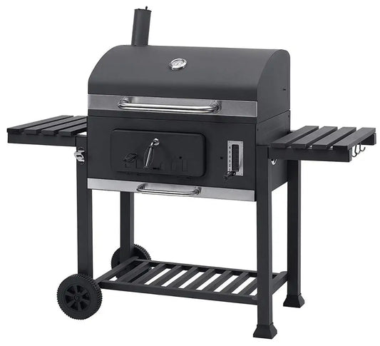 HKM-843219 Cast Iron Grill Smoker with Chimney and Lid, Square Trolley Charcoal Barbecue 152x73x137cm