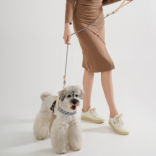 HKM-843731 Pet Harness with Rope and Chain in Shadow White and Fairy Brown Green, Nylon PVC Material