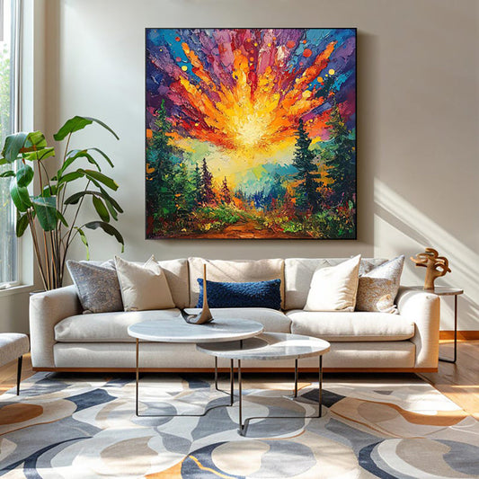 HKM-843795 Hand-Painted Oil Painting of Sun Rising in Deep Forest on Canvas - Modern Landscape Art for Home Decoration