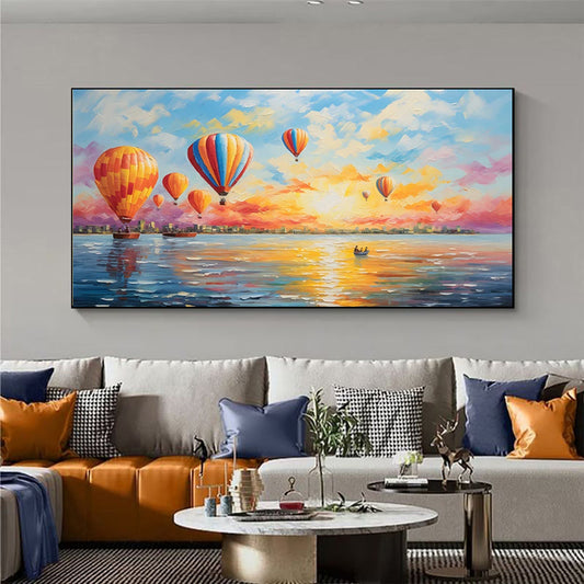 HKM-848403 Colorful Hot Air Balloon Canvas Wall Art - Handmade Oil Painting for Modern Home Decor