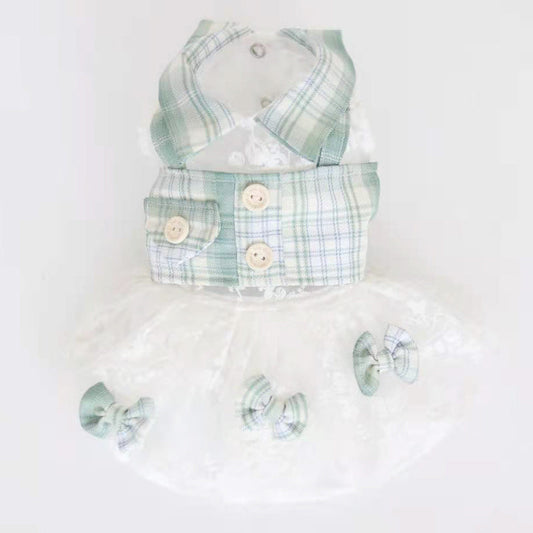 HKM-8489533 Mint Green Small Plaid Dress for Dogs - Faux Two-Piece Style, Size Options Available
