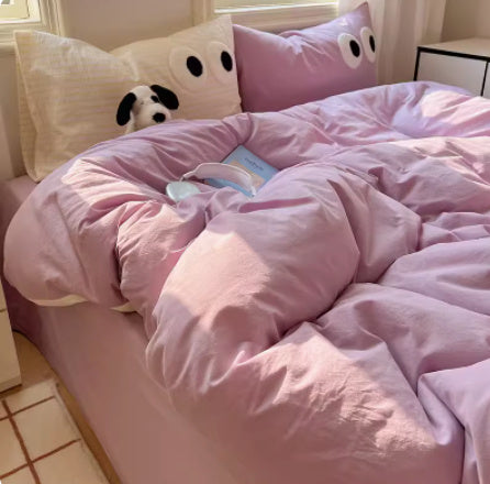 HKM-851923 Simple Gradient Color Cotton Bed Set - 3-Piece and 4-Piece Options Available in Multiple Sizes
