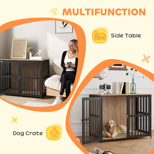 HKM-8545597 Dog Crate Furniture with Anti-Chew Mesh and Escape-Proof Single Door for Large Dogs, Walnut Brown