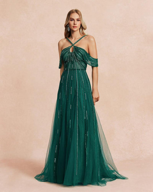 HKM-855763 Elegant Green Women's Evening Gown with Flowing Silhouette
