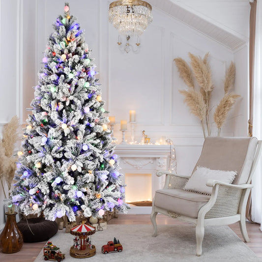 HKM-855827 Pre-Lit Flocked Christmas Tree with 1000-1500 LED Lights and Decorative Ornaments, Hinged Branch Design for Indoor/Outdoor Use