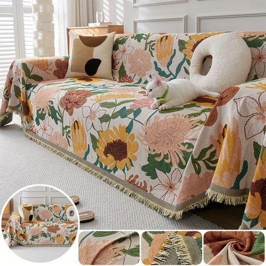 HKM-856275 Universal Chenille Sofa Cover in YB-Marigold and Floral Design - Multiple Sizes Available