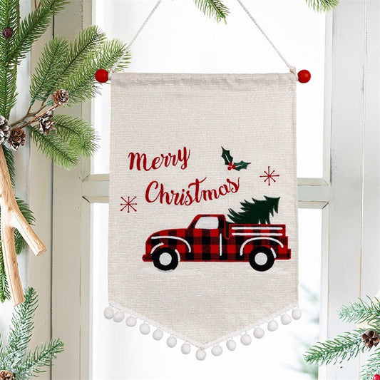 HKM-856659 Christmas Minimalist Ornament Wall Flag in Red and Black Plaid and Festive Designs