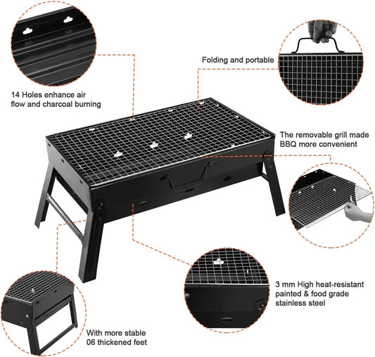 HKM-860179 Portable Single-Burner Stainless Steel Charcoal Grill for Indoor and Outdoor Use, Ideal for Camping and Picnics
