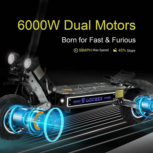 HKM-864147 Electric Adult Scooter - 6000W Dual Motor, 58MPH Max Speed, 90-100km Range, Foldable, Off-Road Capable