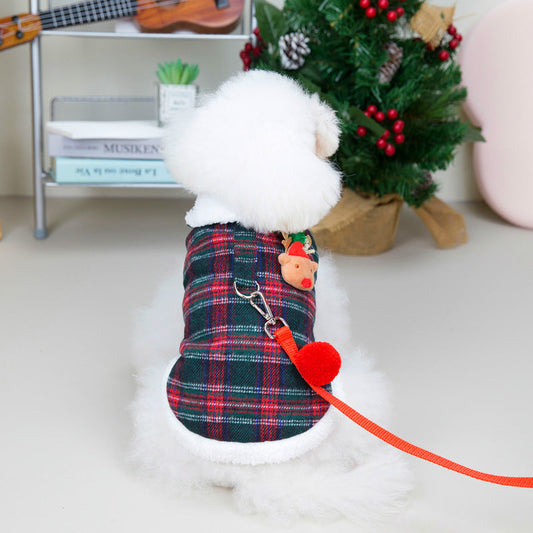 HKM-867411 Christmas Plaid Cotton-Padded Vest for Pets with Leash - Casual Style in Multiple Sizes