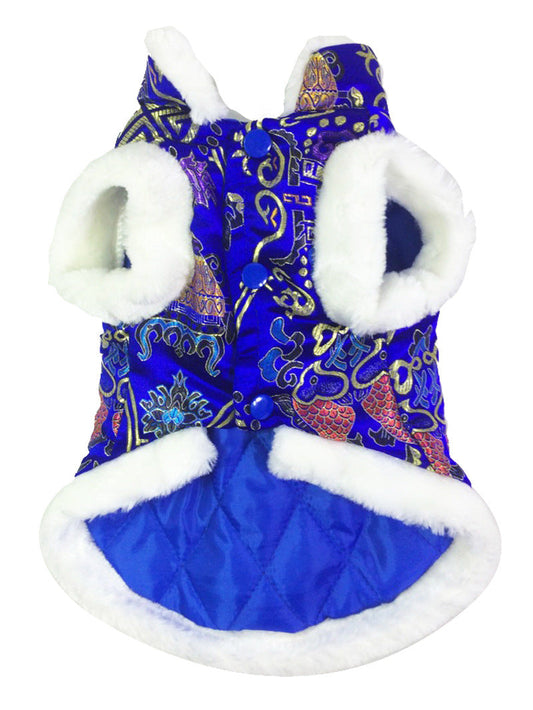 HKM-8715965 Silk Tang Suits for Pets - Cozy Autumn and Winter Wear in Sapphire Blue and Festive Red