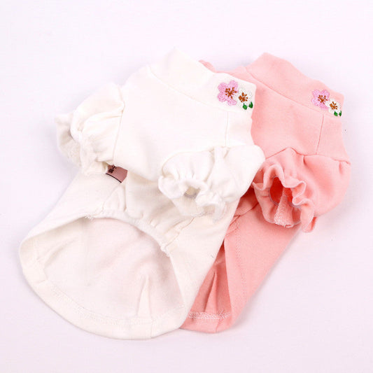 HKM-8727613 Cotton Puff Sleeve Dog Clothing with Cute Flower Embroidery - Available in Multiple Sizes