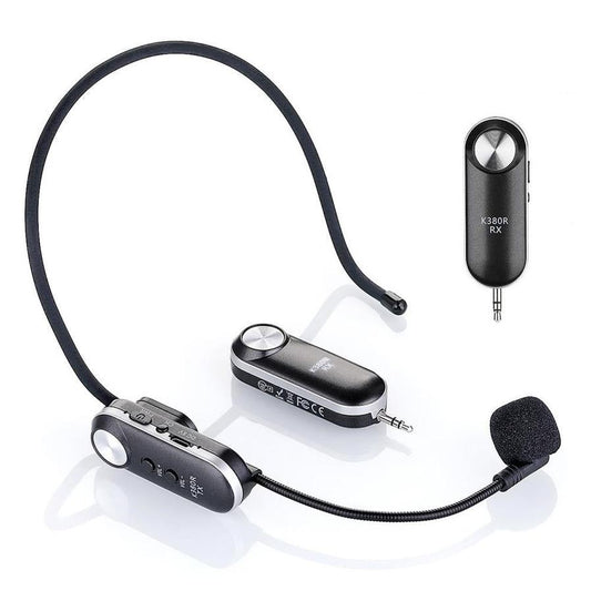 HKM-873683 UHF Wireless Headset Microphone System with 3.5mm and 6.5mm Adapters, Compact Design, 30m Range, USB Rechargeable Battery