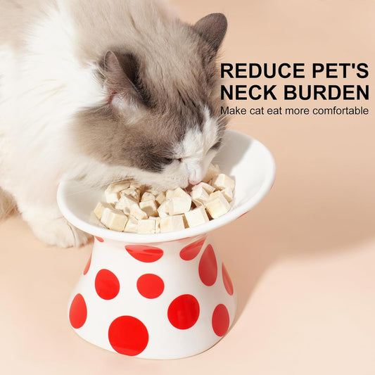 HKM-8751549 Extra Wide Elevated Ceramic Cat Food Bowl - Tilted Design for Comfort, Red Polka Dot, Dishwasher & Microwave Safe