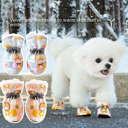HKM-8756669 Soft Soled Warm Velvet Dog Shoes in Sunflower Lion Plaid Design - 4 Pack