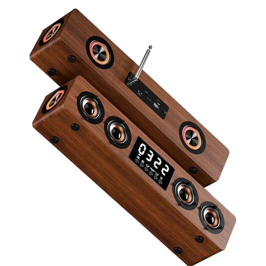 HKM-877779 Wooden Bluetooth Soundbar Speaker with FM Radio and Clock - 45W HIFI Stereo Music Surround for Outdoor Use