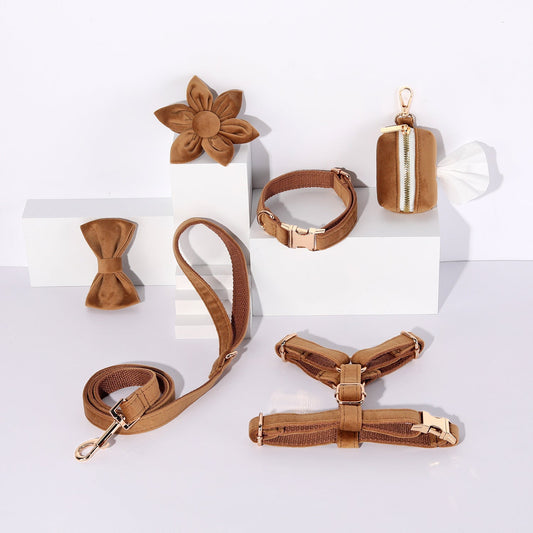 HKM-8786621 Velvet Pet Dog Collar Set with Bow, Chest Harness, and Hand-Holding Rope