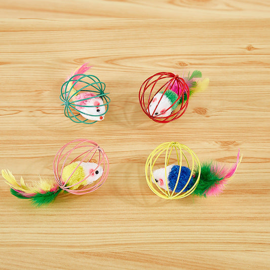 HKM-8796989 Colorful Plush Cat Toy Cage with Mouse for Nibbling Playtime