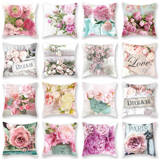 HKM-880147 Watercolor Flower Cushion Cover - 45x45cm Peach Skin Pillow for Home Décor