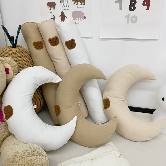 HKM-881363 Baby Comfort Pillow - Long Cylindrical and Moon Shape, Soft Cotton Fill for Enhanced Sleep Support in Various Colors