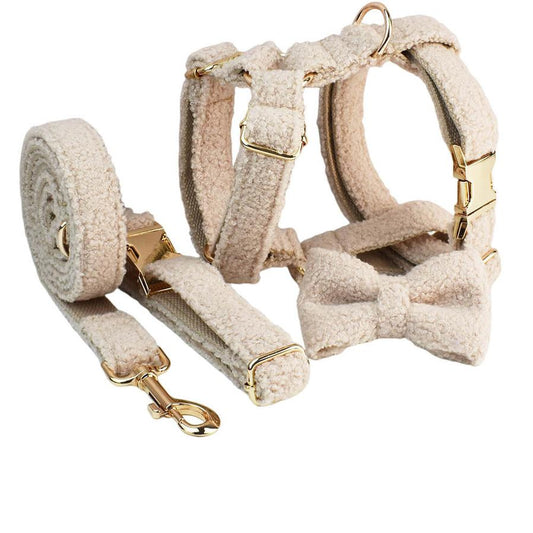 HKM-881939 Minimalist Cream Pet Collar and Harness Set with Leash and Bow for Dogs