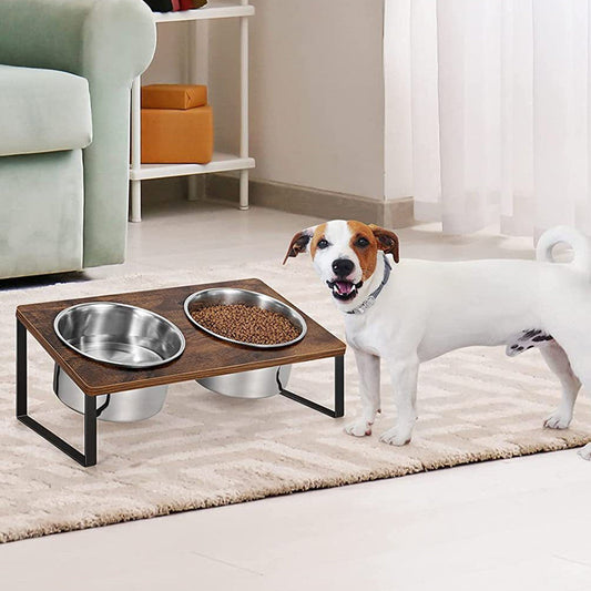 HKM-8821565 Wooden Pet Feeding Rack with Iron Base for Dogs and Cats - Double & Triple Bowl Options