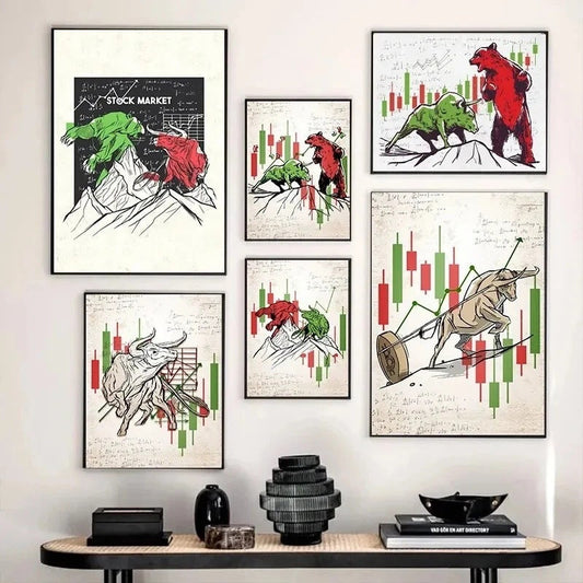 HKM-882323 Abstract Modern Canvas Painting - Bear Market Bull Market Rally Wall Art