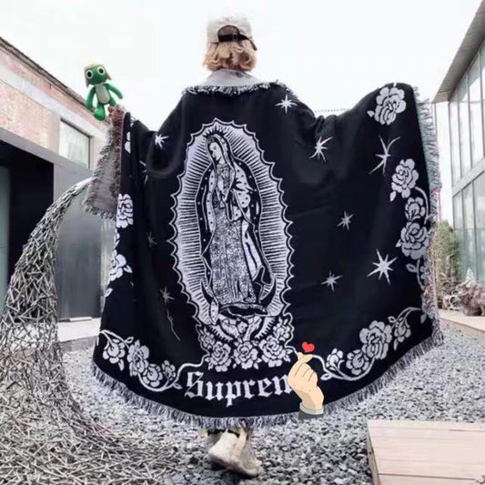 HKM-882387 Virgin Mary Woven Thick Linen Wall Blanket - Decorative Cushion with Floral Cartoon Design
