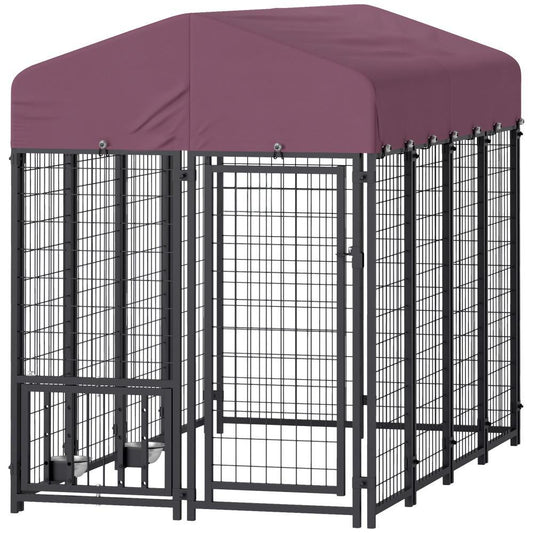 HKM-8911805 Outdoor Dog Kennel with Adjustable Bowls & Waterproof Cover, 7.9 X 4 X 6 Feet