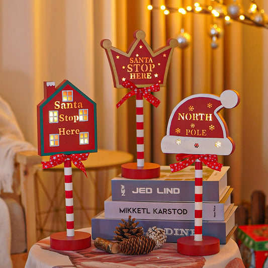 HKM-891731 Christmas Decorative Light Sign - Wooden Stop Signs and North Pole Designs for Holiday Home Decor