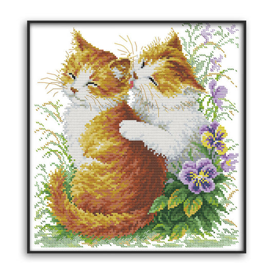 HKM-893267 Cartoon Couple Cat Cross Stitch Kit in Ecological Cotton, 11CT/14CT可选, Animal Pattern
