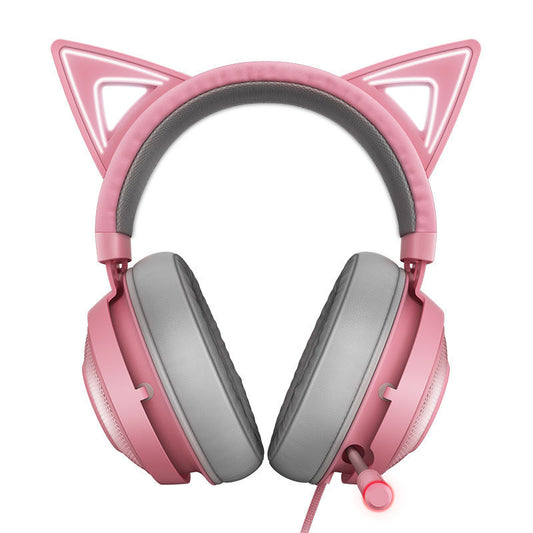 HKM-897107 Glowing Cat Ear Headphones - Wired USB Head-Mounted Design for Universal Compatibility