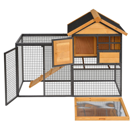HKM-8971581 2-Level Outdoor Rabbit Hutch with Weatherproof Roof, Removable Tray, and Ramp