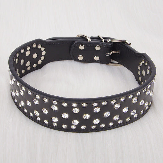 HKM-909267 Shiny Rhinestone Leather Dog Collar in Black, White, Red, and Pink - Sizes XS to XL