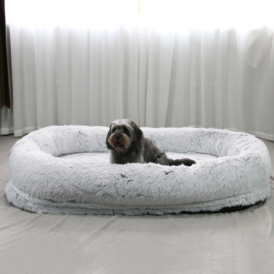 HKM-9108797 Plush Grey Round Dog Bed with Warm Sponge Filling - Cozy Pet Nest for Winter