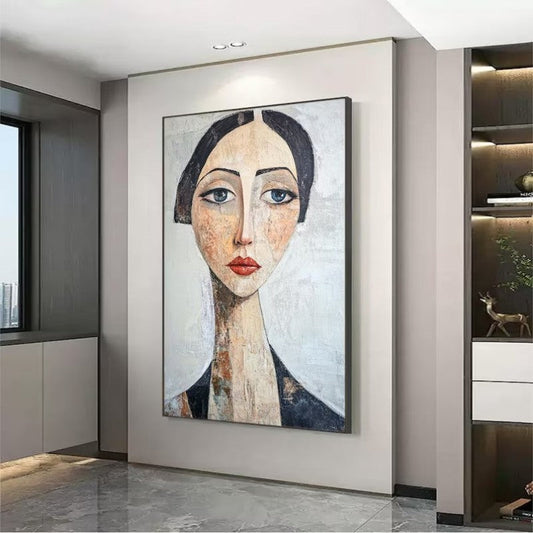 HKM-911635 Hand-Painted Vintage Abstract Female Portrait Canvas Art for Living Room, Bedroom, and Home Decor
