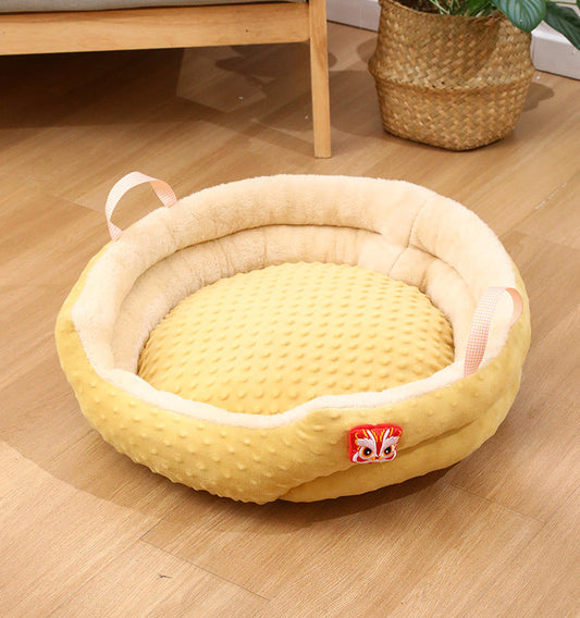 HKM-9131837 Portable Round Velvet Pet Bed Nest with Random Doll for Dogs and Cats - Cozy and Warm Cushion