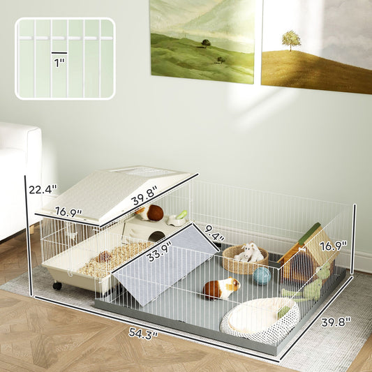 HKM-9141181 Guinea Pig and Hedgehog Cage with Removable Playpen, Waterproof Pad, Feeder, Water Bottle, and Bowl
