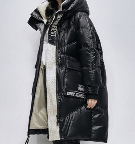 HKM-9213245 Women's Polished Black Ultra-Thin Down Jacket, Mid-Length with Long Sleeves