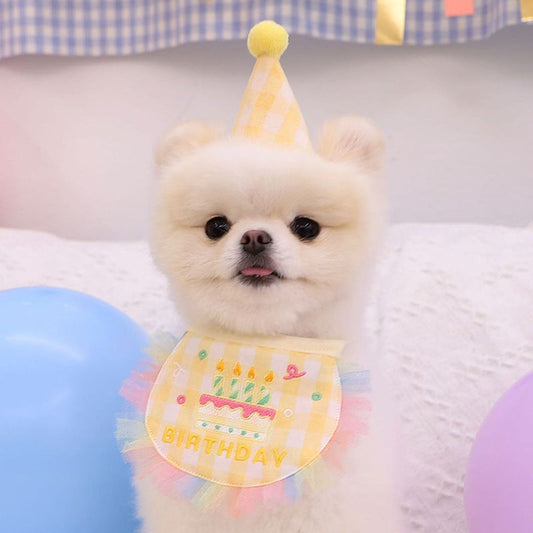 HKM-9216189 Dog Birthday Bib and Adjustable Hat Set in Yellow for Pet Celebrations