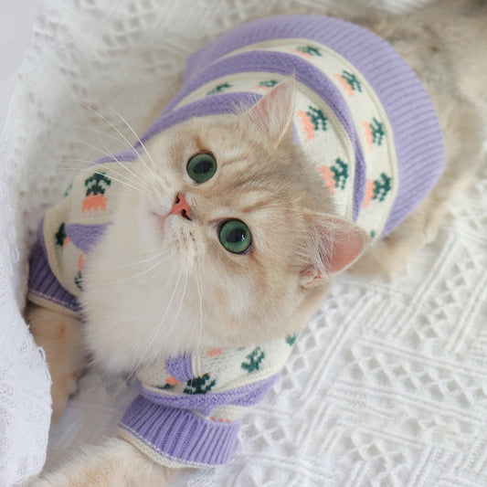 HKM-9228093 Retro Purple Flower Knitted Sweater for Pets - Autumn and Winter Fashion