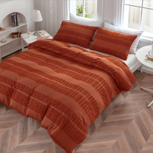 HKM-924051 Solid Color Three-Piece Bedding Set with Cut Flower Quilt Cover and Pillowcases - Multiple Sizes Available
