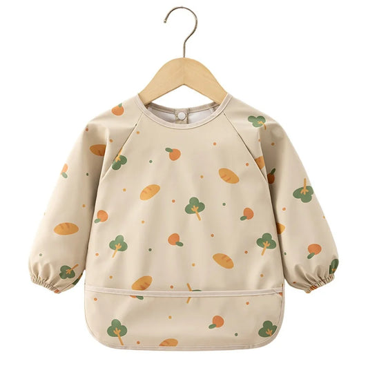 HKM-933651 Autumn Winter Kids Long-Sleeved Blouse New Arrival Full Body Waterproof PU Baby Apron Outwear with Snap Buttons Baby Bibs