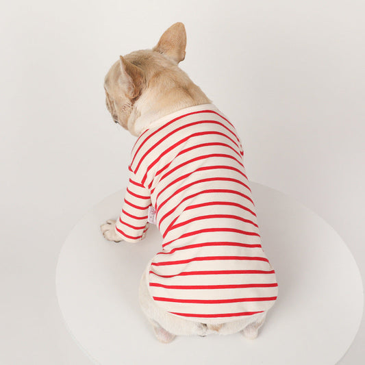 HKM-9339709 Striped Cotton V-Neck Pet Shirt for Dogs - Cozy Leisurewear in Red and Black, Multiple Sizes Available