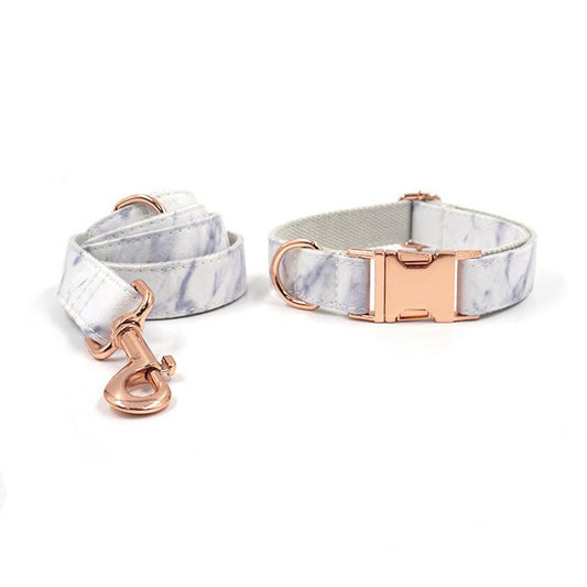 HKM-933971 Rose Gold Marble Dog Collar and Leash Set with Bow - Adjustable Sizes XS to XL