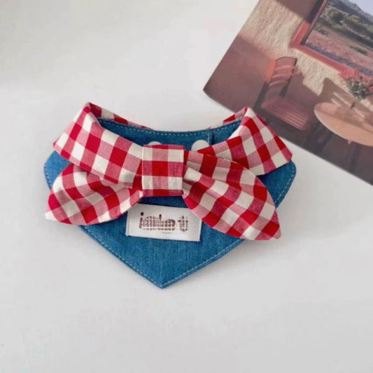 HKM-934995 Western Denim Bow Scarf for Pets - Spring and Autumn Style