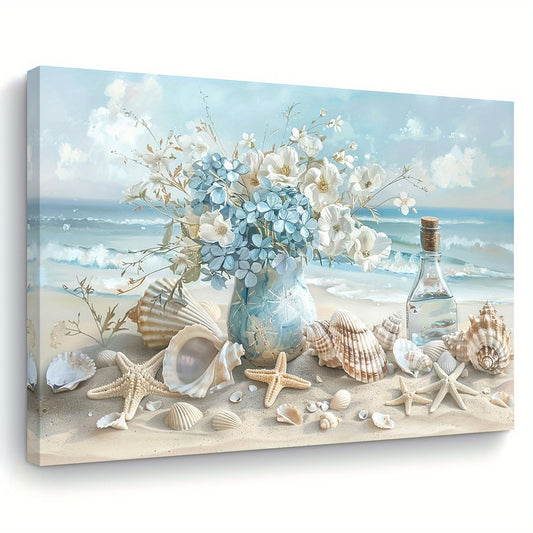HKM-936659 Framed Blue Vase Floral Canvas Art with Wooden Frame for Home and Office Decor