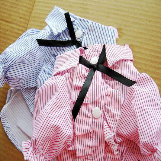 HKM-9409597 Stylish Bubble Sleeve Bow Tie Pet Shirt for Dogs in Red and Blue Stripes