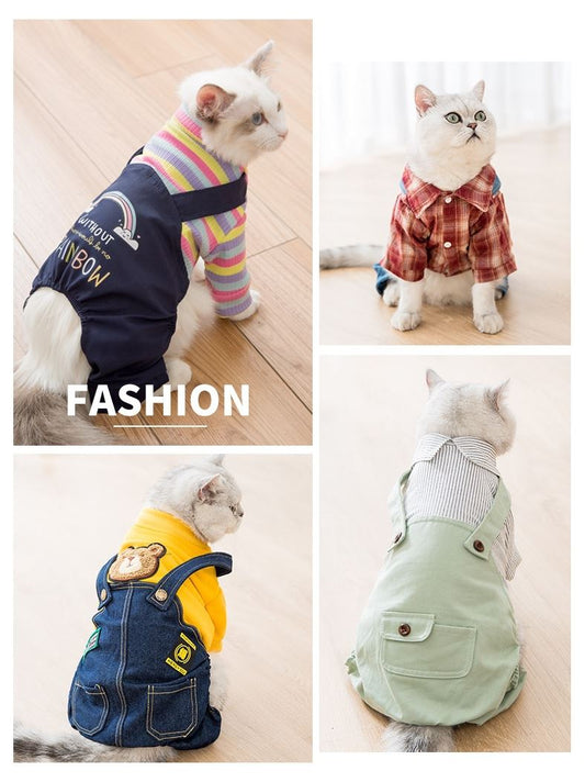 HKM-9425085 Cozy Ribbed Knitted Denim Overall for Cats - Cute Autumn and Winter Wear