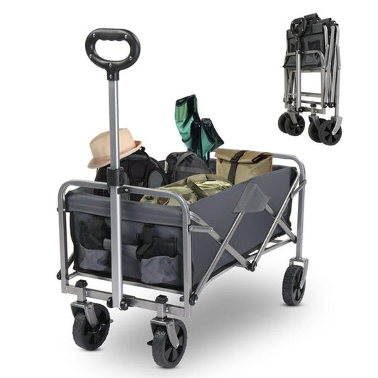 HKM-943507 Compact Garden Folding Cart with Grey Cloth and Silver Frame, 600D Oxford Fabric, Steel Frame, Flat Fold, 220lbs Capacity
